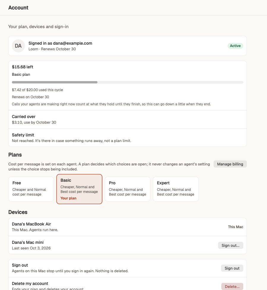 Settings, Account, with the usage meter and plans