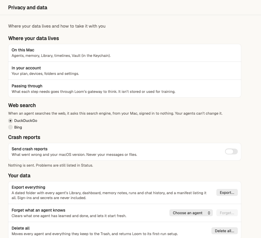 Loom Settings, Privacy and data: where your data lives, the web search engine, crash reports switched off, and Export, Forget and Delete all