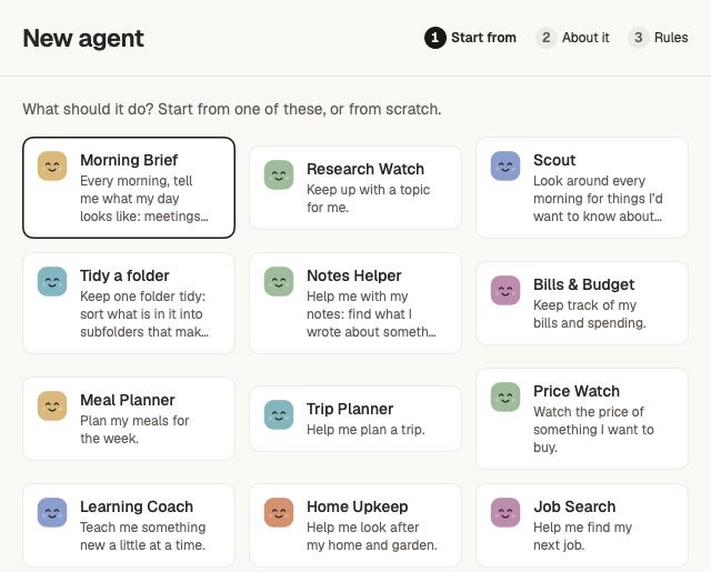 The New agent window with the starters
