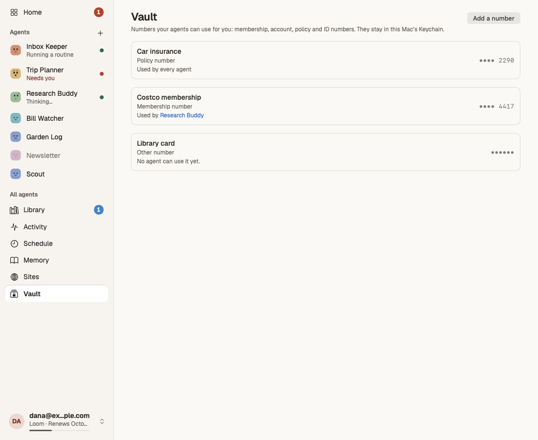 The Vault in Loom, listing a car insurance policy number, a membership number and a library card, each shown only as its last four digits and the agents allowed to use it
